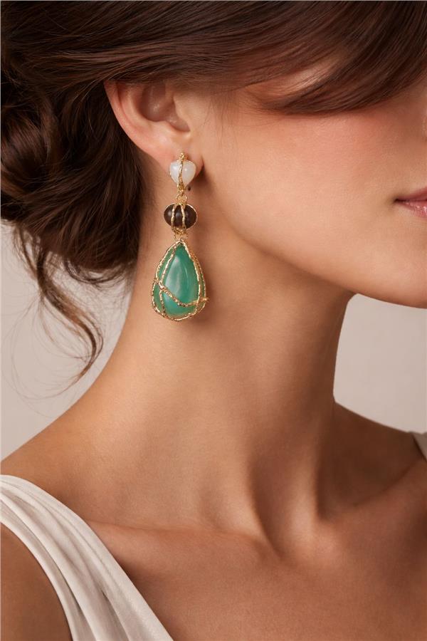 Evie Gold Kafesli Sallantılı Doğal Taşlı Küpe